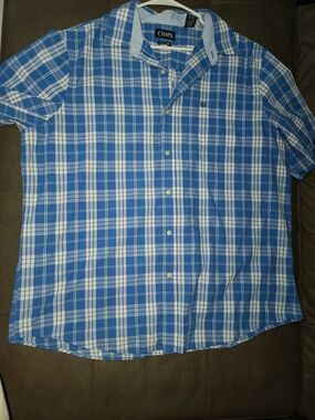 Chaps Blue and White Plaid Short-Sleeve Button-Down Shirt